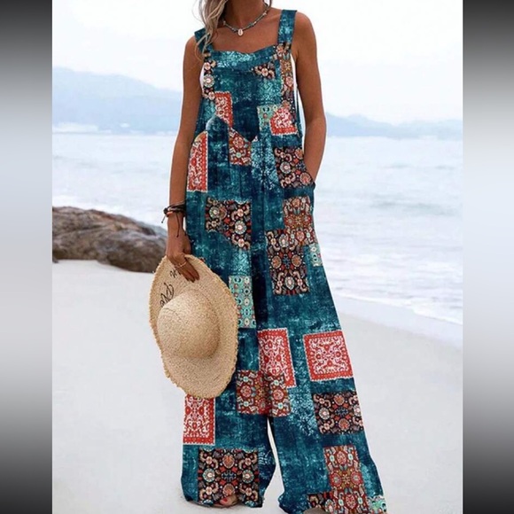 Boho Plus Size Floral Print Overall Wide Leg Jumpsuit - Picture 7 of 7